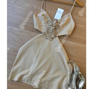 NWT ZARA Floral cut out linen dress beige